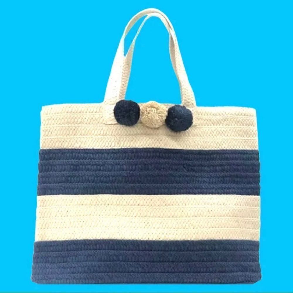 Beyond the Beach BTB natural and navy stripe straw tote beach bag brand new tags